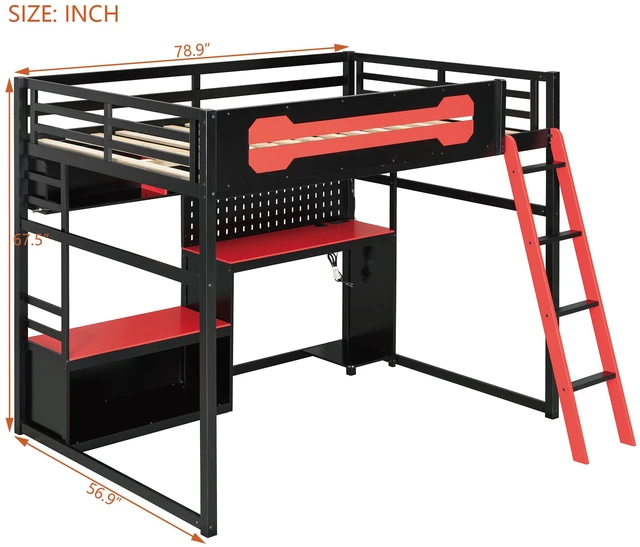 Alt view image 6 of 7 - Full Size Wood Loft Bed with Desk, Shelves, LED Lights, USB Ports and Pegboard, Black+Red