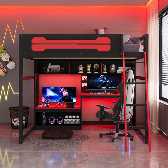 Alt view image 2 of 7 - Full Size Wood Loft Bed with Desk, Shelves, LED Lights, USB Ports and Pegboard, Black+Red