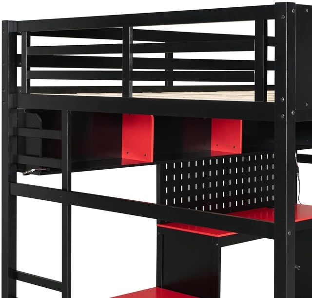 Alt view image 7 of 7 - Full Size Wood Loft Bed with Desk, Shelves, LED Lights, USB Ports and Pegboard, Black+Red