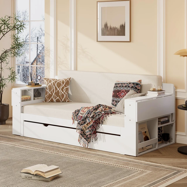 Main image of Queen Size Daybed with Removable Desk, Storage Drawers & Hydraulic Side Table, White
