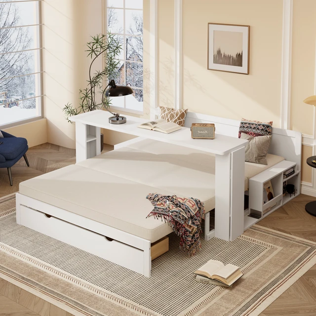 Alt view image 3 of 7 - Queen Size Daybed with Removable Desk, Storage Drawers & Hydraulic Side Table, White