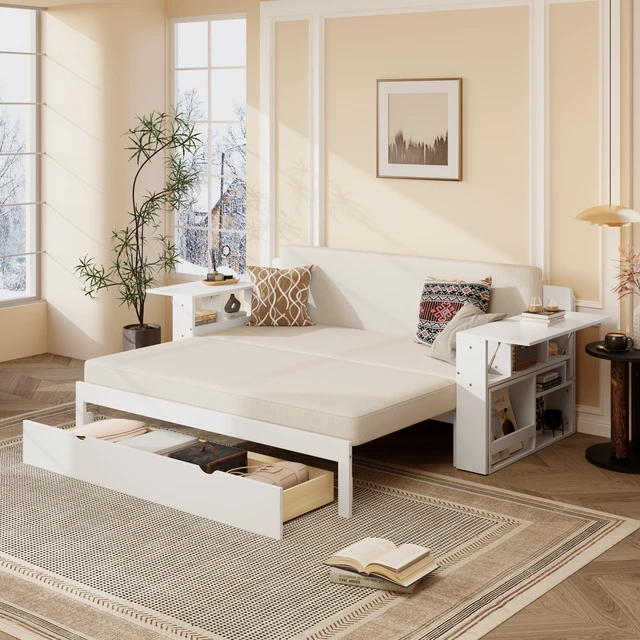 Alt view image 4 of 7 - Queen Size Daybed with Removable Desk, Storage Drawers & Hydraulic Side Table, White