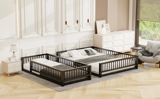 Alt view image 5 of 7 - Twin XL over Queen Floor Bunk Bed Frame with Ladder and Safety Guardrails, Easy Assemble, Black