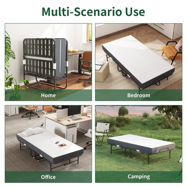Alt view image 3 of 7 - 75" x 38" Inch Extra Long Folding Bed for Tall People, Heavy-Duty 450lbs Capacity Rollaway Guest Bed with 5" Memory Foam Mattress, Portable Space Saving Twin Size Bed