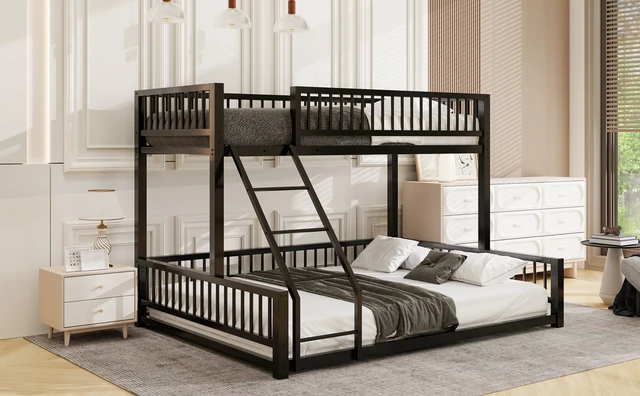 Alt view image 6 of 7 - Twin XL over Queen Floor Bunk Bed Frame with Ladder and Safety Guardrails, Easy Assemble, Black