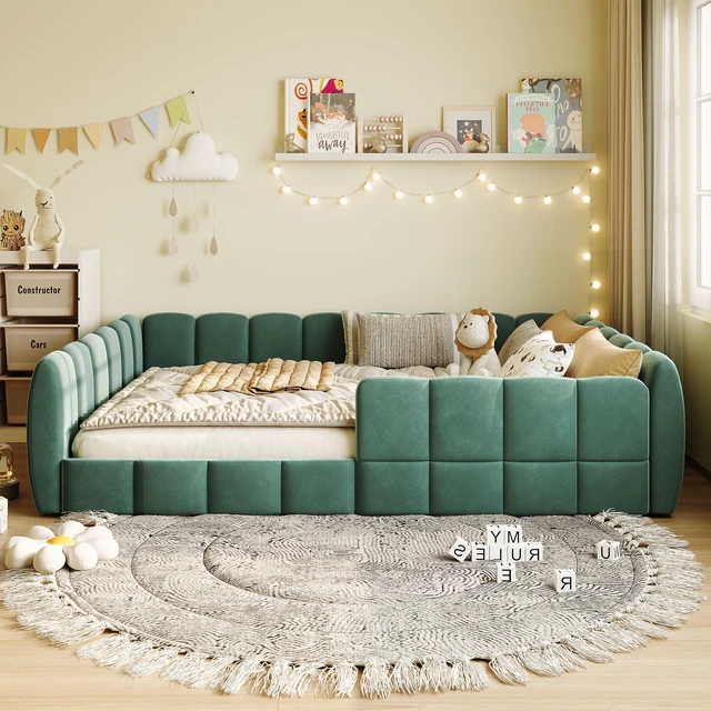 Alt view image 2 of 7 - Full Size Velvet Upholstered Floor Bed, Pumpkin Green
