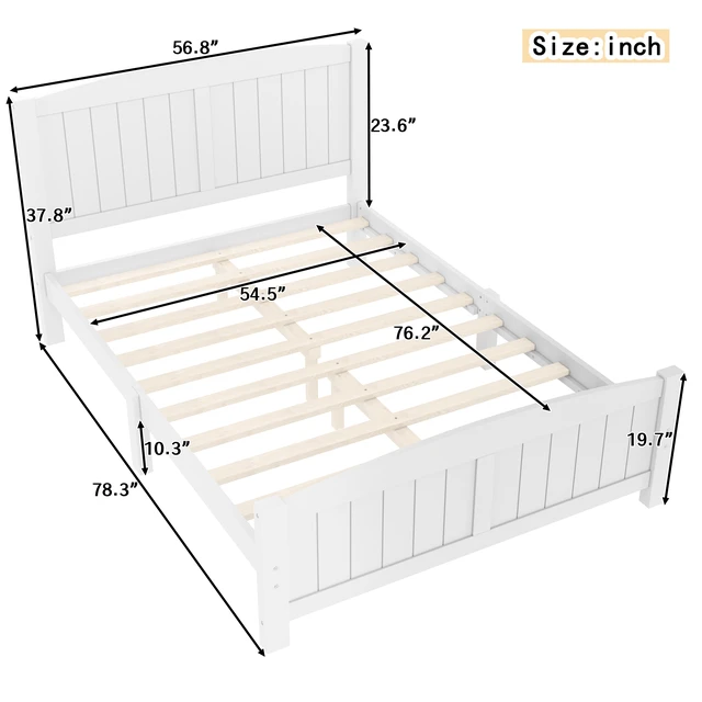 Alt view image 4 of 7 - Full Size Platform Bed, Solid Wood Platform Bed with Support Slats and Strong Structure, No Box Spring Needed, White