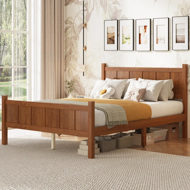 Alt view image 2 of 7 - Full Size Flat Panel Bed with Headboard & Footboard, Minimalist Modern Platform Bed with Wood Grain Finish, Shaker and Farmhouse Style Design, Sleek and Functional Bedroom Furniture,Light Walnut