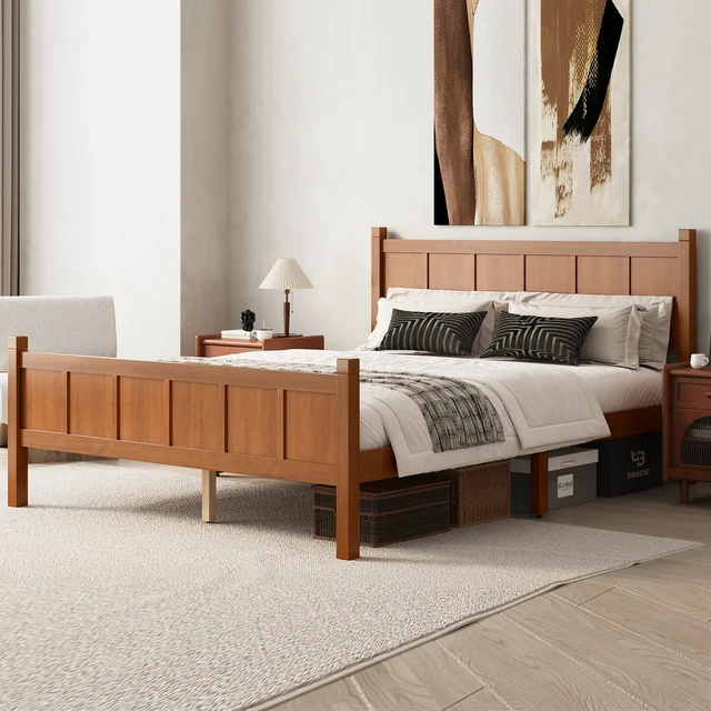 Alt view image 2 of 7 - Queen Size Flat Panel Bed with Headboard & Footboard, Minimalist Modern Platform Bed with Wood Grain Finish, Shaker and Farmhouse Style Design, Sleek and Functional Bedroom Furniture,Light Walnut