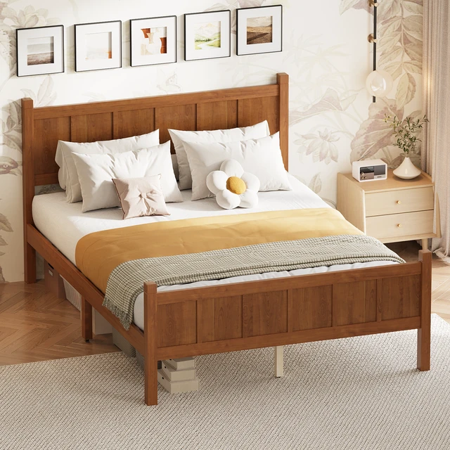 Alt view image 3 of 7 - Full Size Flat Panel Bed with Headboard & Footboard, Minimalist Modern Platform Bed with Wood Grain Finish, Shaker and Farmhouse Style Design, Sleek and Functional Bedroom Furniture,Light Walnut