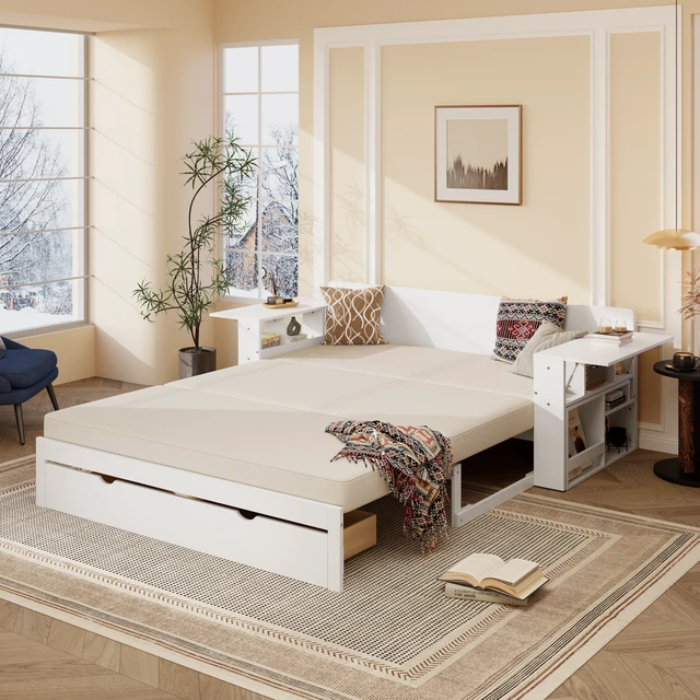 Alt view image 5 of 7 - Queen Size Daybed with Removable Desk, Storage Drawers & Hydraulic Side Table, White