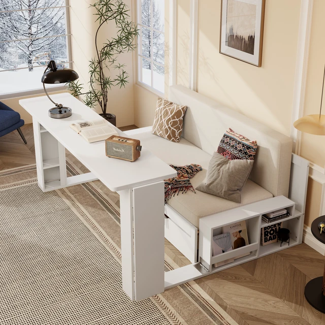 Alt view image 2 of 7 - Queen Size Daybed with Removable Desk, Storage Drawers & Hydraulic Side Table, White