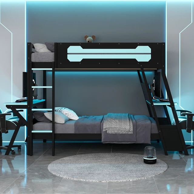 Alt view image 3 of 7 - Twin Size Bunk Bed with Two Built-In Gaming Desks, USB Desktop Ports & Pegboard Organizer, Gaming Bunk Frame for Gamer, Cloud Blue