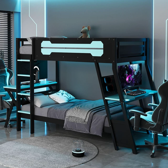 Main image of Twin Size Bunk Bed with Two Built-In Gaming Desks, USB Desktop Ports & Pegboard Organizer, Gaming Bunk Frame for Gamer, Cloud Blue