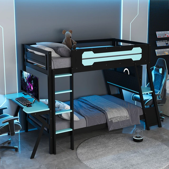Alt view image 2 of 7 - Twin Size Bunk Bed with Two Built-In Gaming Desks, USB Desktop Ports & Pegboard Organizer, Gaming Bunk Frame for Gamer, Cloud Blue
