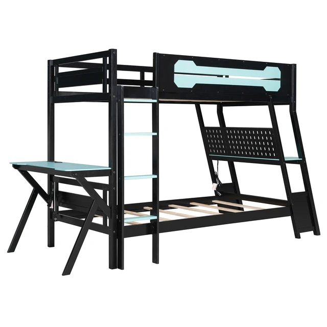 Alt view image 4 of 7 - Twin Size Bunk Bed with Two Built-In Gaming Desks, USB Desktop Ports & Pegboard Organizer, Gaming Bunk Frame for Gamer, Cloud Blue