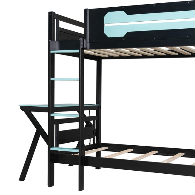 Alt view image 5 of 7 - Twin Size Bunk Bed with Two Built-In Gaming Desks, USB Desktop Ports & Pegboard Organizer, Gaming Bunk Frame for Gamer, Cloud Blue
