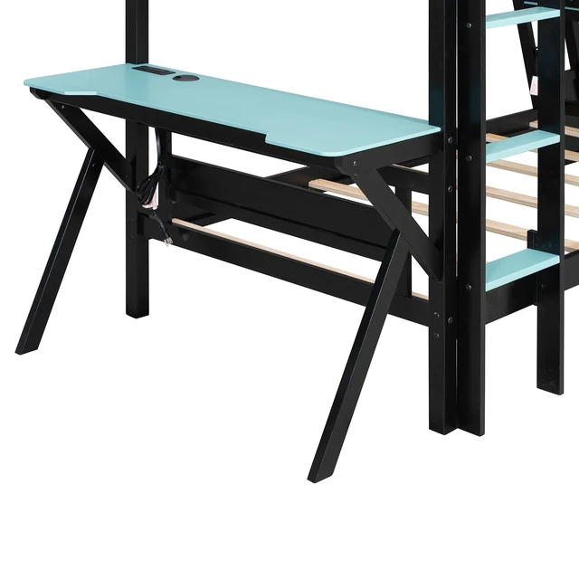 Alt view image 6 of 7 - Twin Size Bunk Bed with Two Built-In Gaming Desks, USB Desktop Ports & Pegboard Organizer, Gaming Bunk Frame for Gamer, Cloud Blue