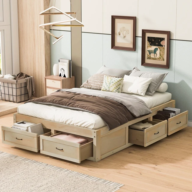 Main image of Full Size Platform Bed with 6 Storage Drawers, Antique Natural