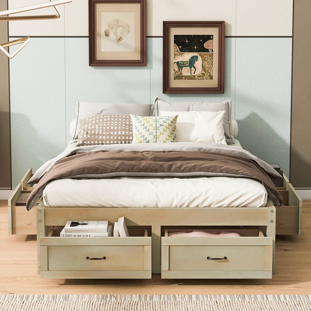 Alt view image 2 of 7 - Full Size Platform Bed with 6 Storage Drawers, Antique Natural
