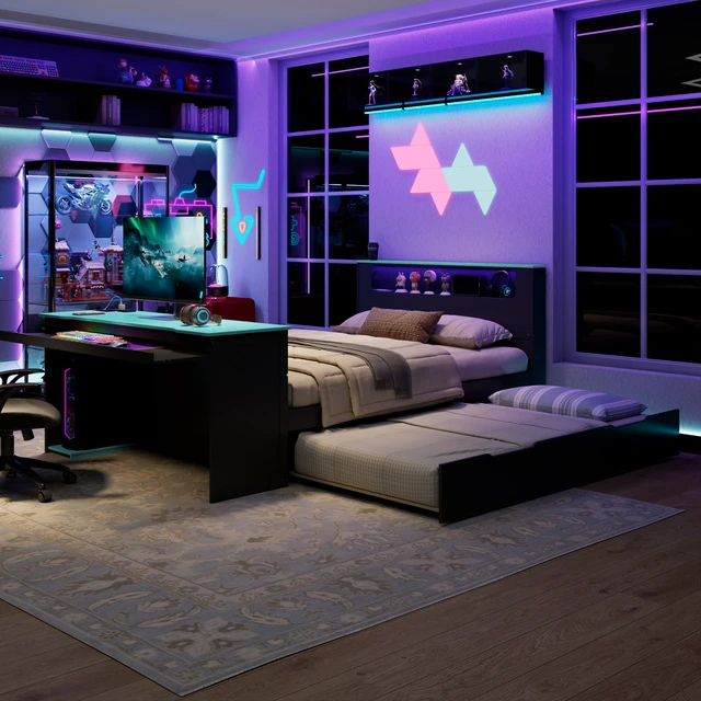 Alt view image 3 of 7 - Full Size Wood Daybed with Twin Size Trundle,Desk,LED light and USB,Black+Blue