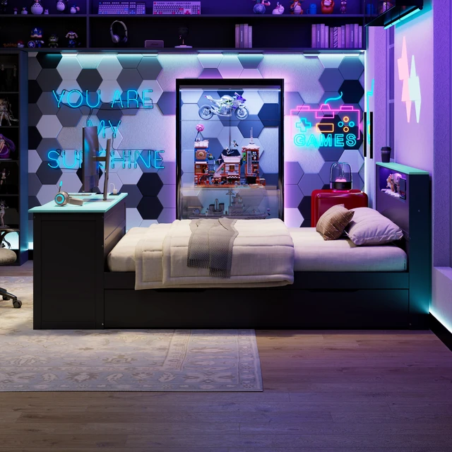 Alt view image 4 of 7 - Full Size Wood Daybed with Twin Size Trundle,Desk,LED light and USB,Black+Blue