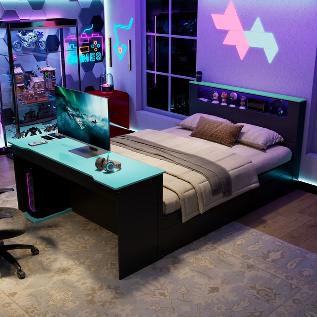Alt view image 5 of 7 - Full Size Wood Daybed with Twin Size Trundle,Desk,LED light and USB,Black+Blue