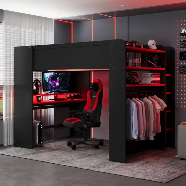 Main image of Full Size Wood Bunk Bed with height-adjustable Desk,Wardrobe,Ample Storage Space,and RGB Light, Red