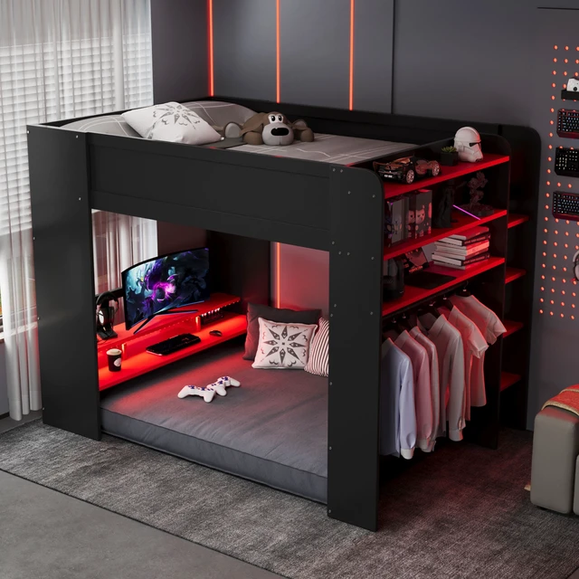 Alt view image 2 of 7 - Full Size Wood Bunk Bed with height-adjustable Desk,Wardrobe,Ample Storage Space,and RGB Light, Red