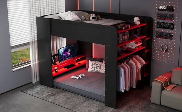 Alt view image 3 of 7 - Full Size Wood Bunk Bed with height-adjustable Desk,Wardrobe,Ample Storage Space,and RGB Light, Red