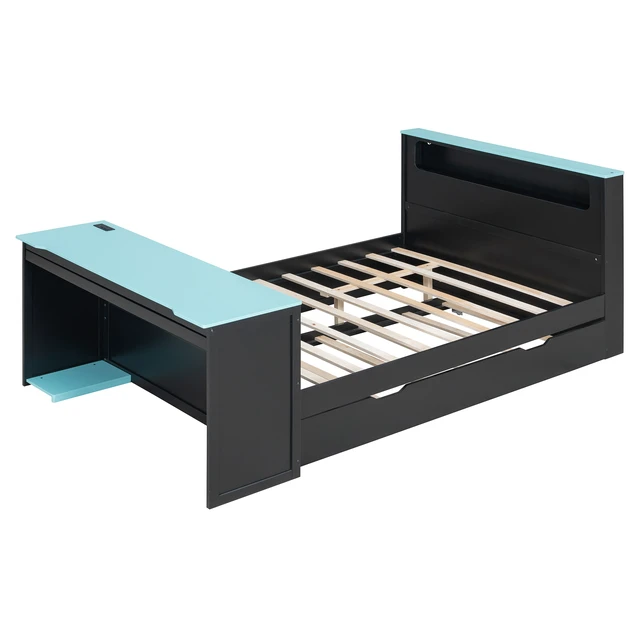 Alt view image 7 of 7 - Full Size Wood Daybed with Twin Size Trundle,Desk,LED light and USB,Black+Blue