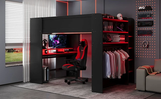 Alt view image 4 of 7 - Full Size Wood Bunk Bed with height-adjustable Desk,Wardrobe,Ample Storage Space,and RGB Light, Red