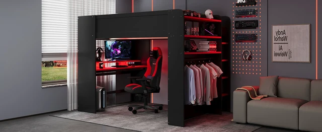 Alt view image 5 of 7 - Full Size Wood Bunk Bed with height-adjustable Desk,Wardrobe,Ample Storage Space,and RGB Light, Red