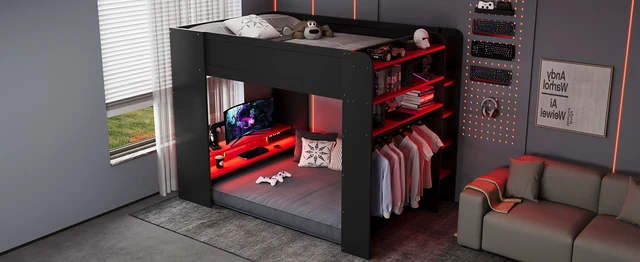 Alt view image 6 of 7 - Full Size Wood Bunk Bed with height-adjustable Desk,Wardrobe,Ample Storage Space,and RGB Light, Red