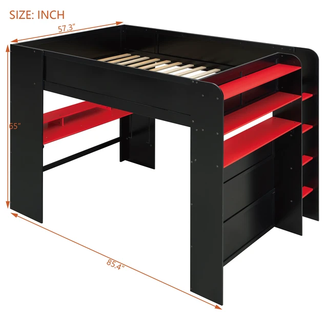Alt view image 7 of 7 - Full Size Wood Bunk Bed with height-adjustable Desk,Wardrobe,Ample Storage Space,and RGB Light, Red