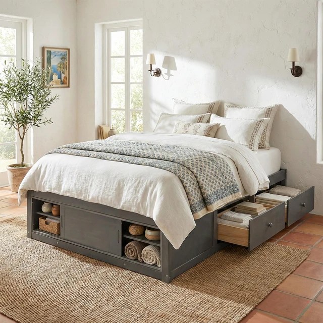 Main image of Queen Size Platform Bed Frame with 4 Storage Drawers and Footboard Storage Cubby, No Headboard, Modern Space-Saving Design-Antique Gray