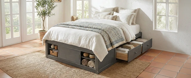 Alt view image 5 of 7 - Queen Size Platform Bed Frame with 4 Storage Drawers and Footboard Storage Cubby, No Headboard, Modern Space-Saving Design-Antique Gray