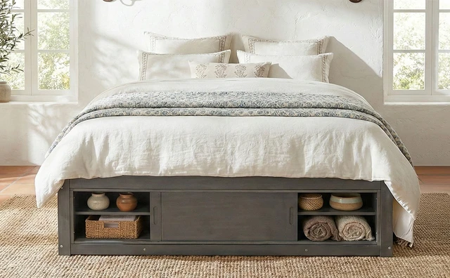 Alt view image 4 of 7 - Queen Size Platform Bed Frame with 4 Storage Drawers and Footboard Storage Cubby, No Headboard, Modern Space-Saving Design-Antique Gray
