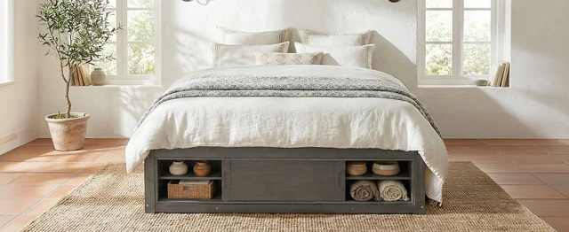 Alt view image 6 of 7 - Queen Size Platform Bed Frame with 4 Storage Drawers and Footboard Storage Cubby, No Headboard, Modern Space-Saving Design-Antique Gray