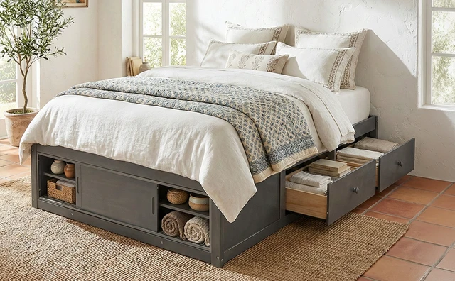 Alt view image 3 of 7 - Queen Size Platform Bed Frame with 4 Storage Drawers and Footboard Storage Cubby, No Headboard, Modern Space-Saving Design-Antique Gray