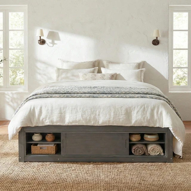 Alt view image 2 of 7 - Queen Size Platform Bed Frame with 4 Storage Drawers and Footboard Storage Cubby, No Headboard, Modern Space-Saving Design-Antique Gray