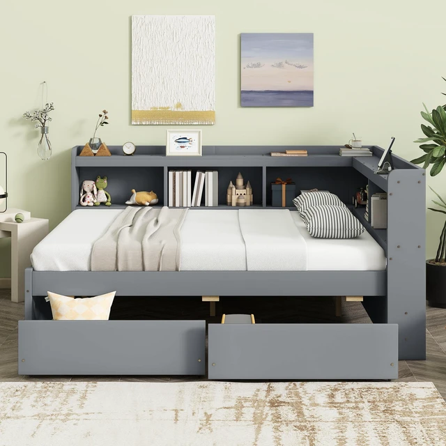 Alt view image 2 of 7 - Full Size L-shaped Bookcases Bed with Power Outlets, USB Charging Ports,Two Drawers,Grey