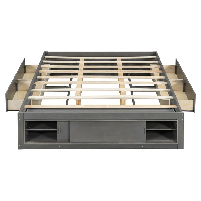 Alt view image 7 of 7 - Queen Size Platform Bed Frame with 4 Storage Drawers and Footboard Storage Cubby, No Headboard, Modern Space-Saving Design-Antique Gray