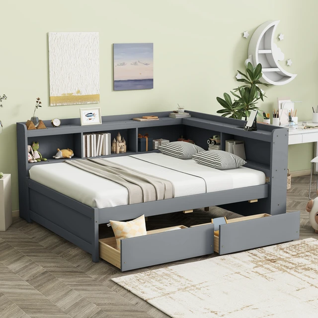 Alt view image 4 of 7 - Full Size L-shaped Bookcases Bed with Power Outlets, USB Charging Ports,Two Drawers,Grey