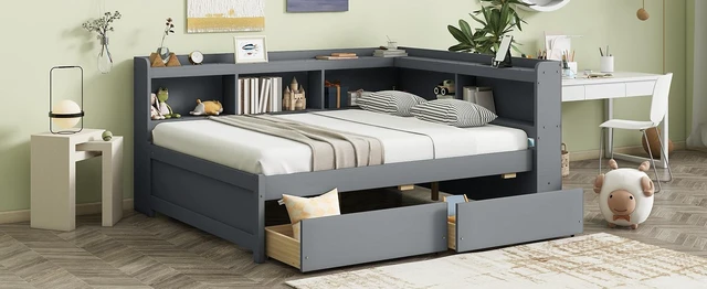 Alt view image 7 of 7 - Full Size L-shaped Bookcases Bed with Power Outlets, USB Charging Ports,Two Drawers,Grey