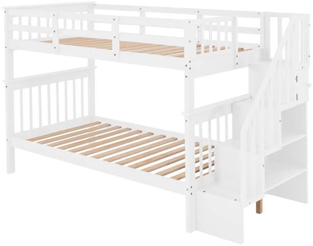 Alt view image 6 of 7 - Stairway Twin-Over-Twin Bunk Bed with Storage and Guard Rail for Bedroom, Dorm, White color
