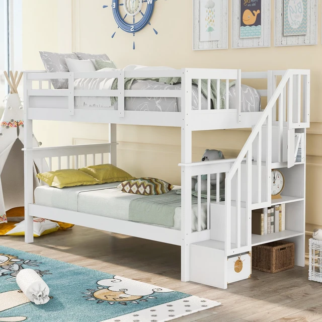 Main image of Stairway Twin-Over-Twin Bunk Bed with Storage and Guard Rail for Bedroom, Dorm, White color