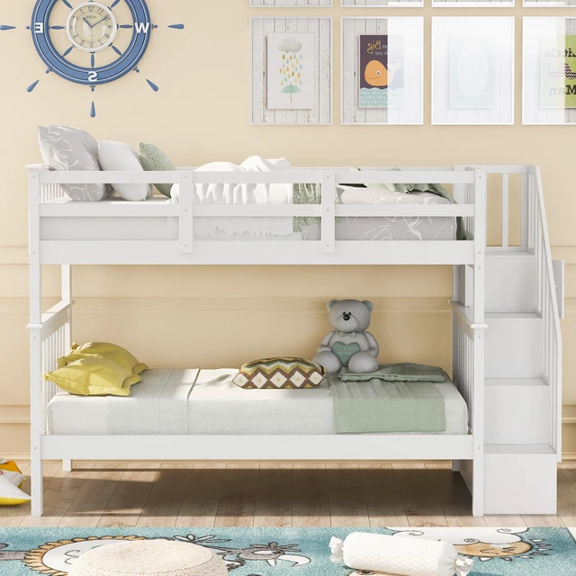 Alt view image 2 of 7 - Stairway Twin-Over-Twin Bunk Bed with Storage and Guard Rail for Bedroom, Dorm, White color