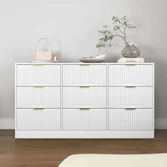 Alt view image 4 of 7 - White 9 Drawer Dresser, 63" Large Deep Chest of Drawers, Wooden Dresser Storage Cabinet with 9 Drawers for Bedroom, Long Dressers for Living Room, Hallway, Drawer panel with wavy patterns