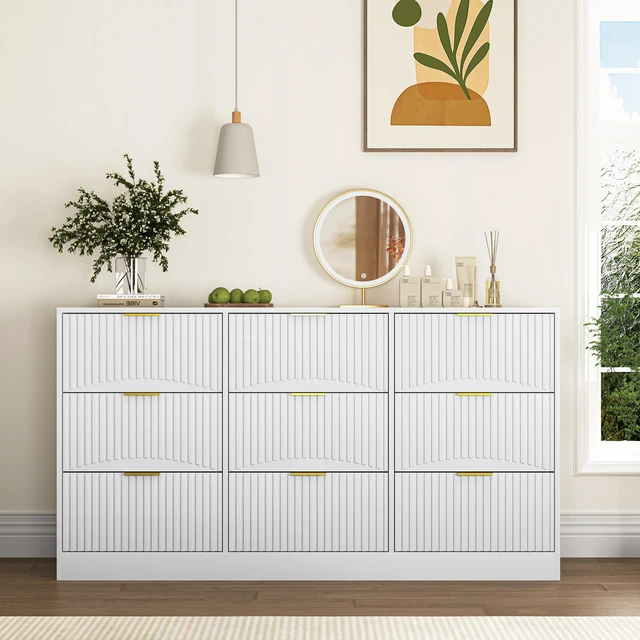 Main image of White 9 Drawer Dresser, 63" Large Deep Chest of Drawers, Wooden Dresser Storage Cabinet with 9 Drawers for Bedroom, Long Dressers for Living Room, Hallway, Drawer panel with wavy patterns